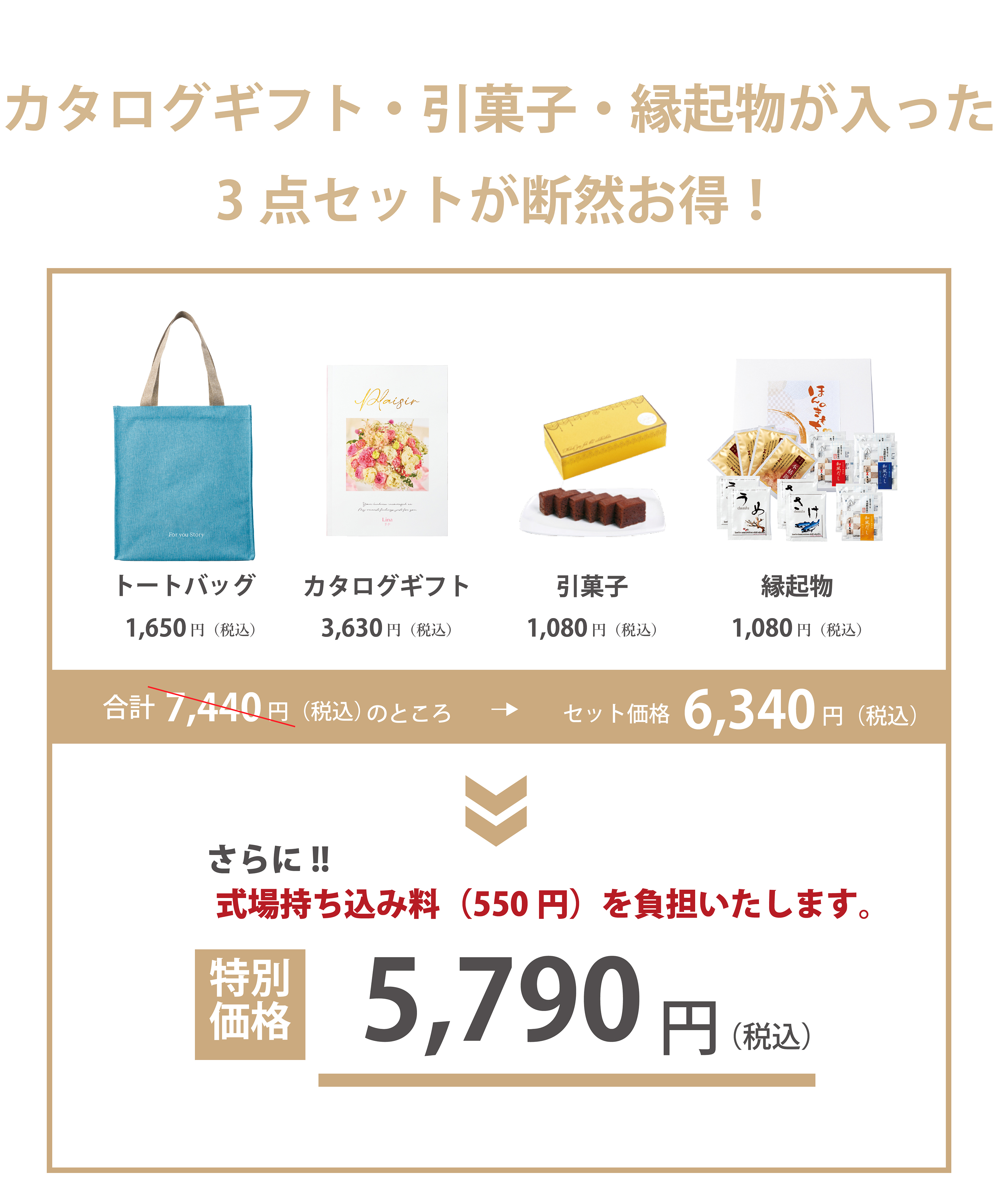 カタログギフト・引菓子・縁起ものが入った3点セットが断然お買い得！価格一例5250円〜